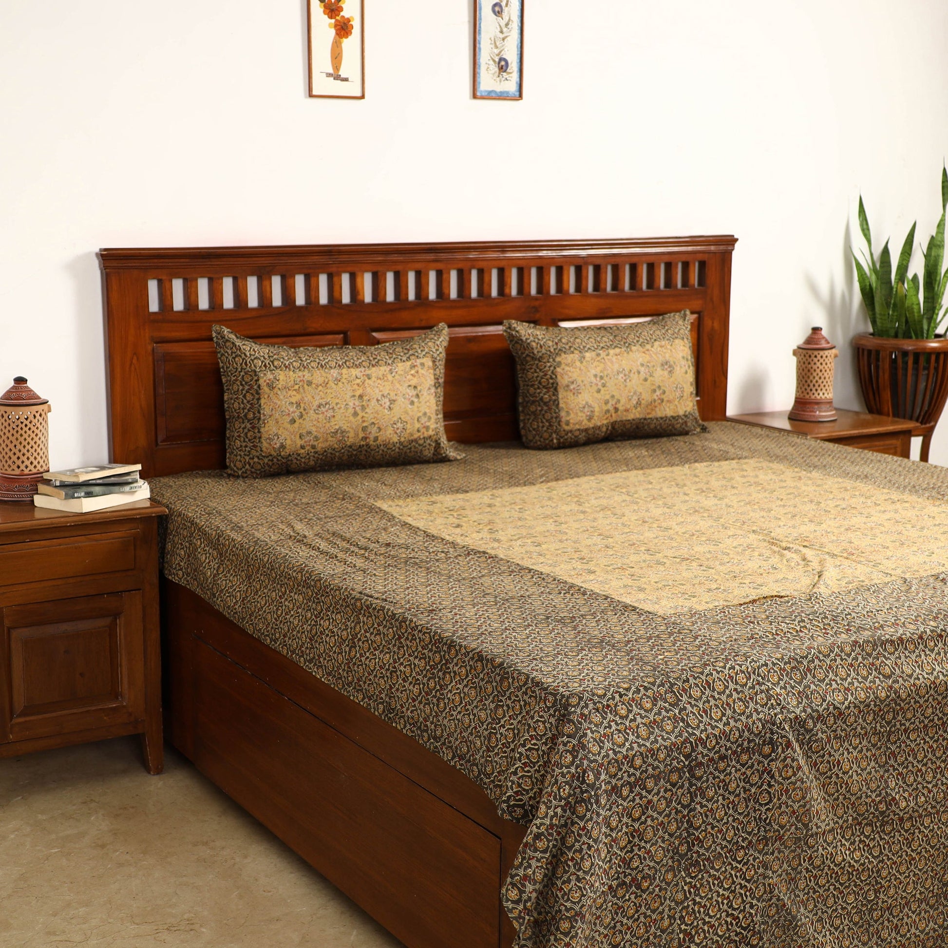Brown - Kalamkari Block Printed Patchwork Cotton Double Bed Cover With Pillow Covers (108 x 90 in)