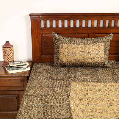 Brown - Kalamkari Block Printed Patchwork Cotton Double Bed Cover With Pillow Covers (108 x 90 in)