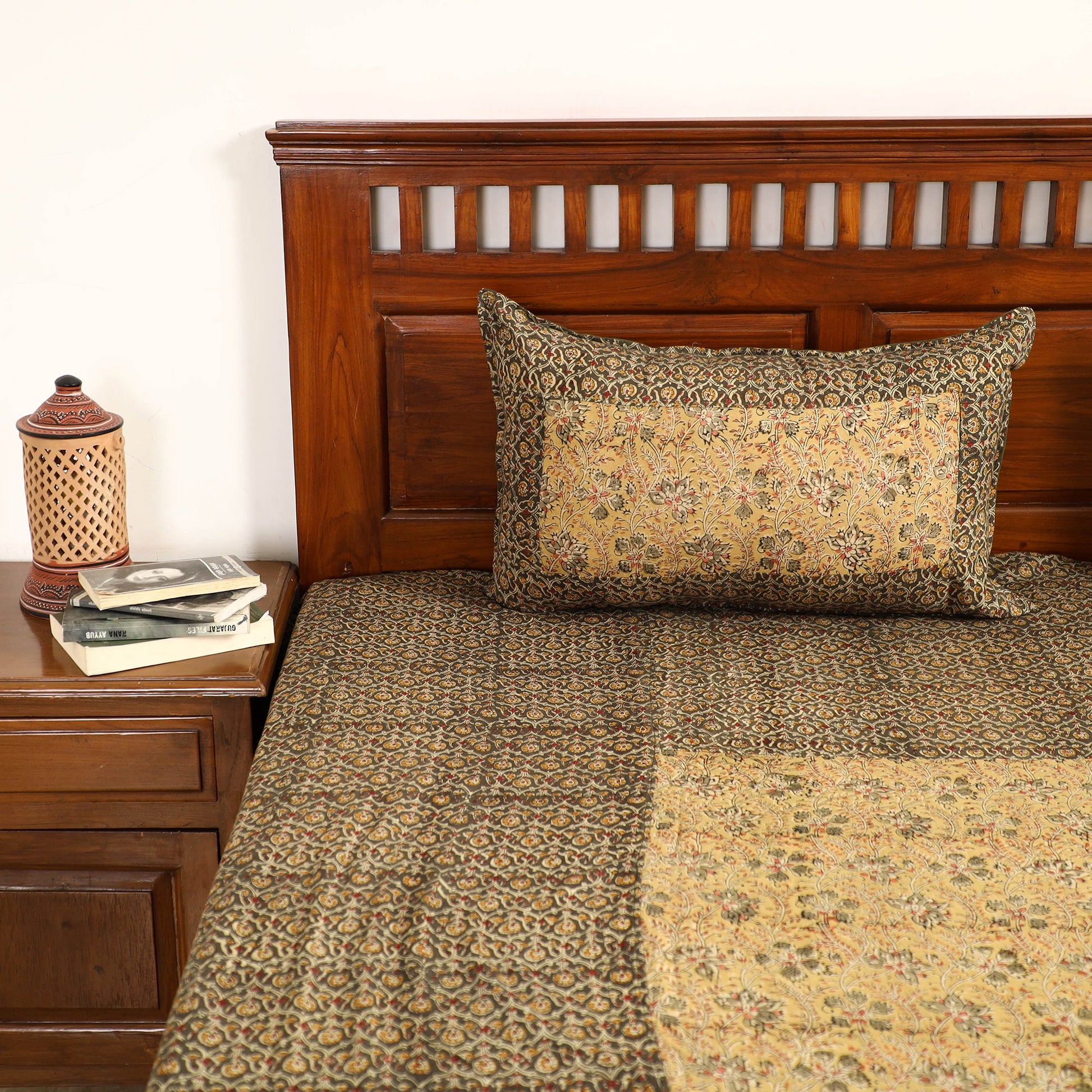 Brown - Kalamkari Block Printed Patchwork Cotton Double Bed Cover With Pillow Covers (108 x 90 in)