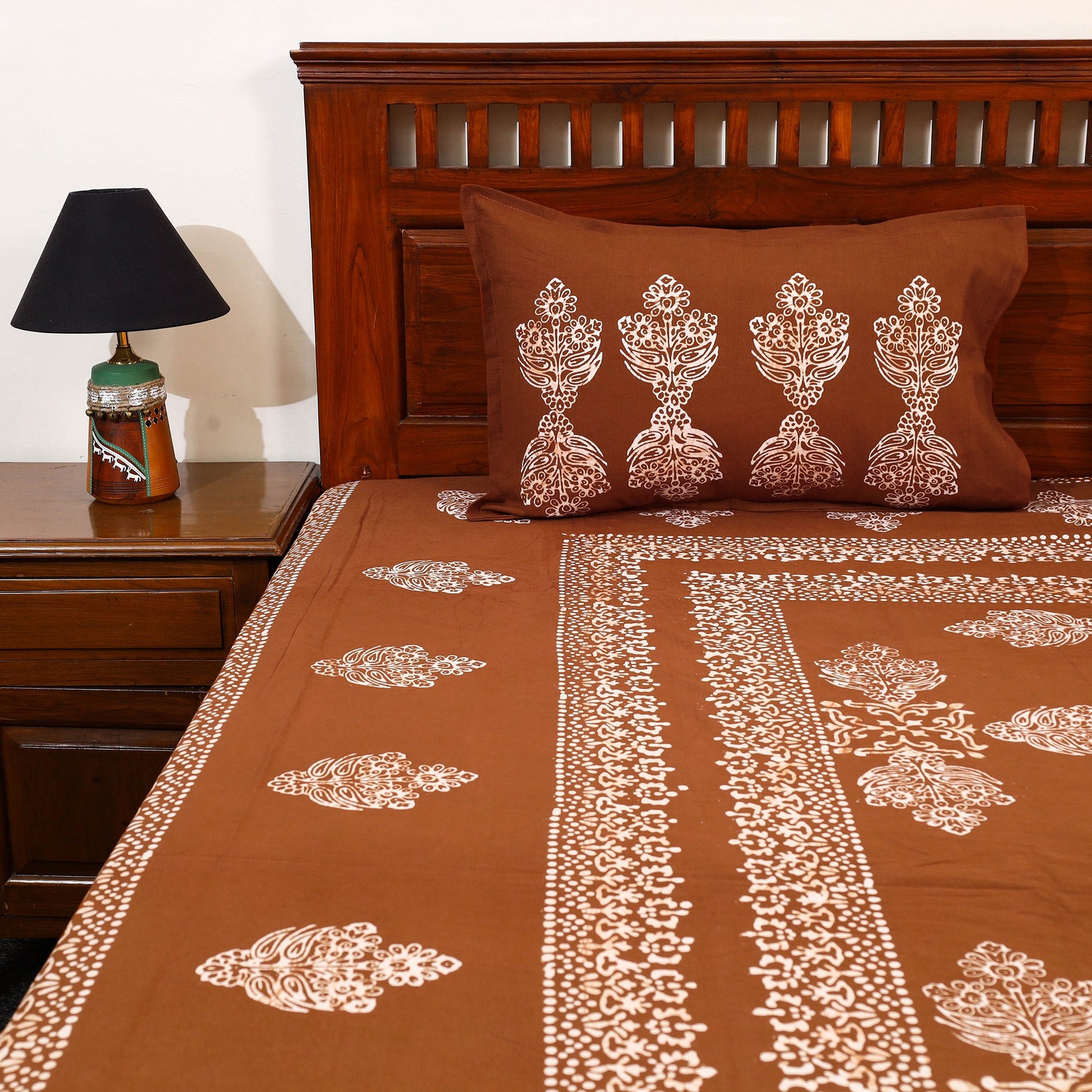 Brown - Cotton Double Hand Batik Print Bed Sheet Set 39