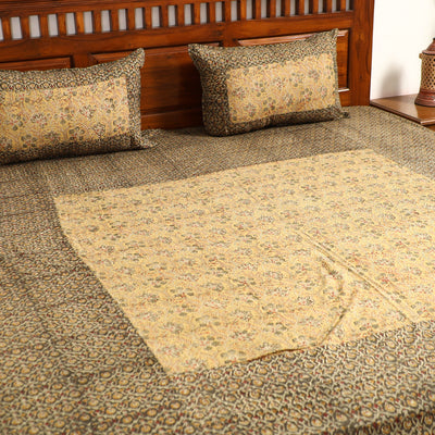 Brown - Kalamkari Block Printed Patchwork Cotton Double Bed Cover With Pillow Covers (108 x 90 in)