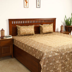 Brown - Kalamkari Block Printed Patchwork Cotton Double Bed Cover With Pillow Covers (108 x 90 in)