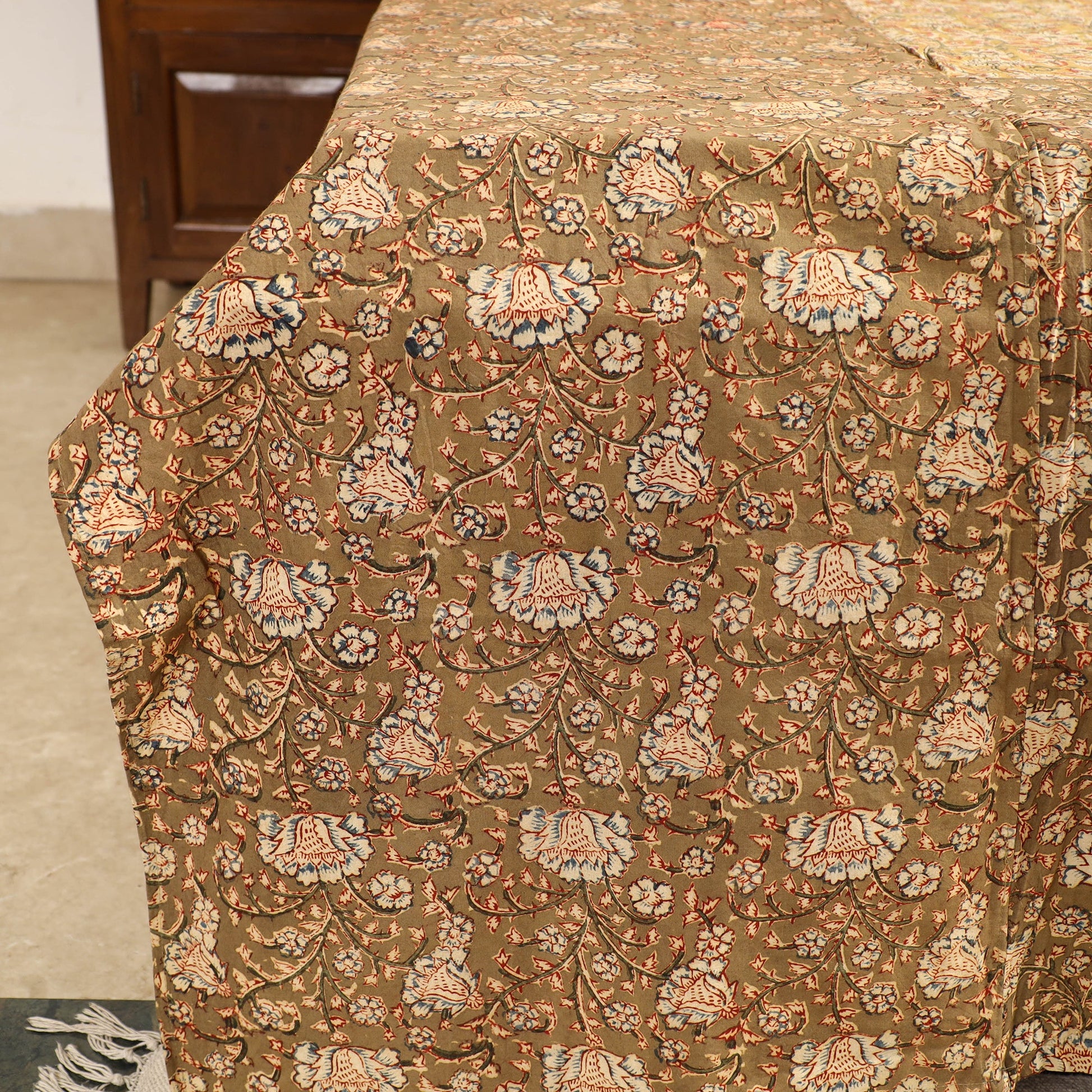 Brown - Kalamkari Block Printed Patchwork Cotton Double Bed Cover With Pillow Covers (108 x 90 in)