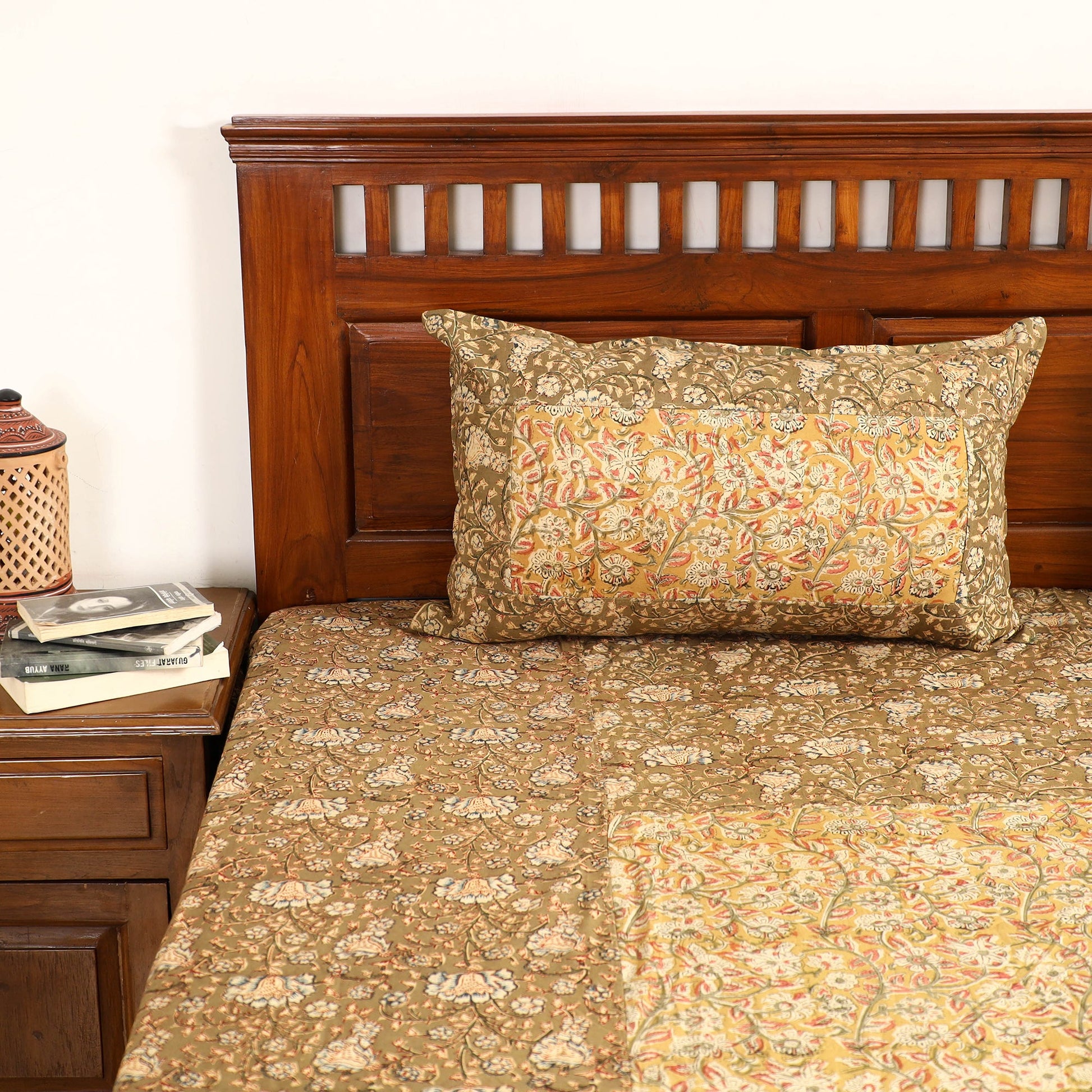 Brown - Kalamkari Block Printed Patchwork Cotton Double Bed Cover With Pillow Covers (108 x 90 in)