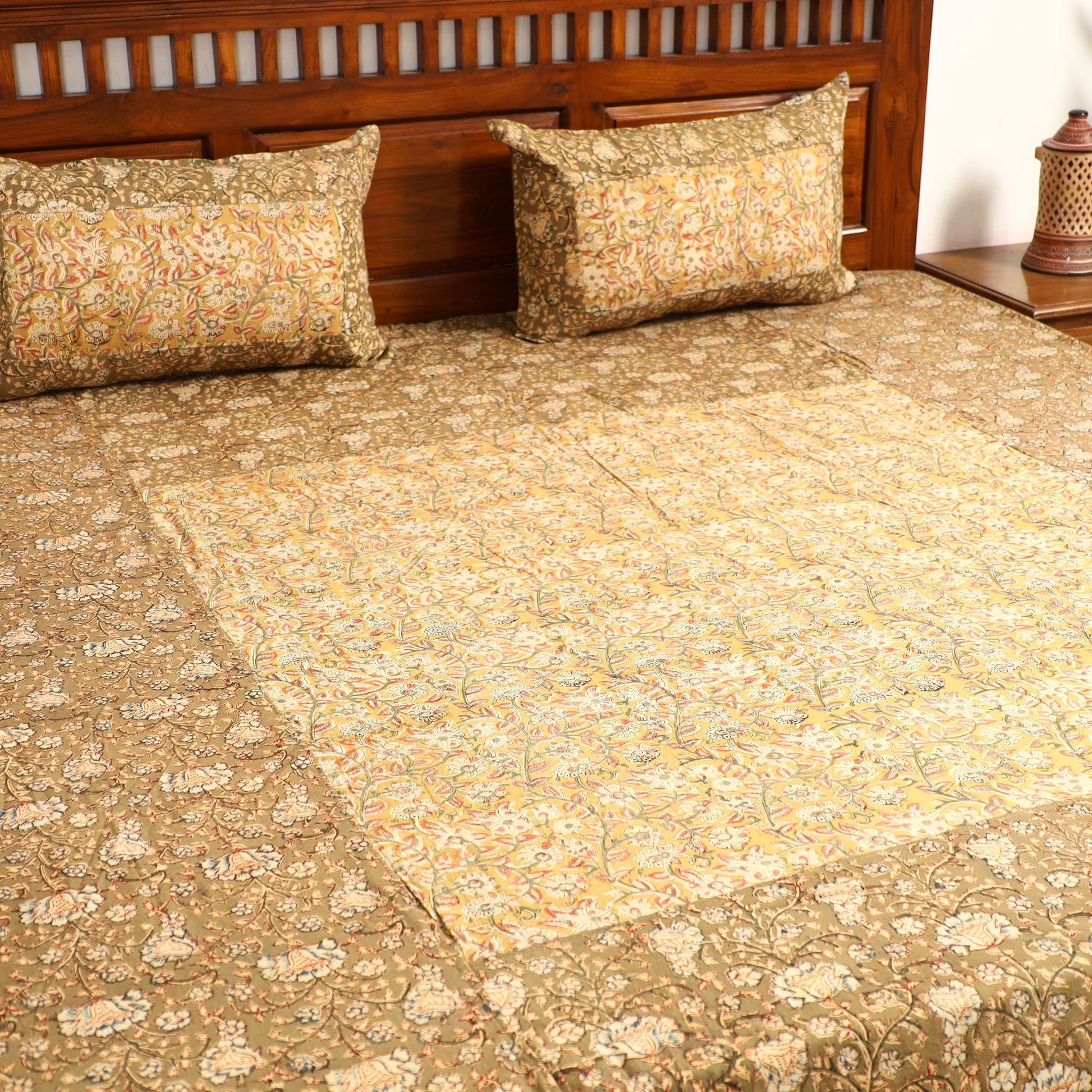 Brown - Kalamkari Block Printed Patchwork Cotton Double Bed Cover With Pillow Covers (108 x 90 in)