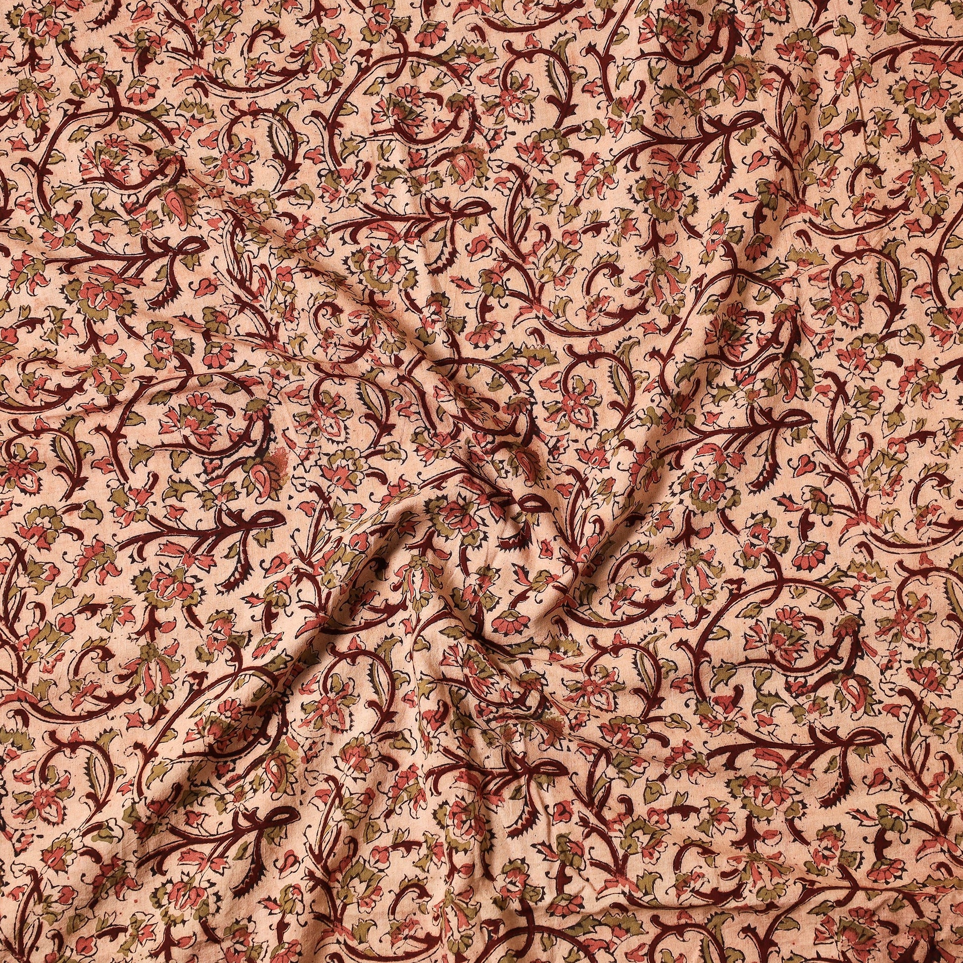 Beige - Kalamkari Block Printed Cotton Precut Fabric (1.6 Meter)