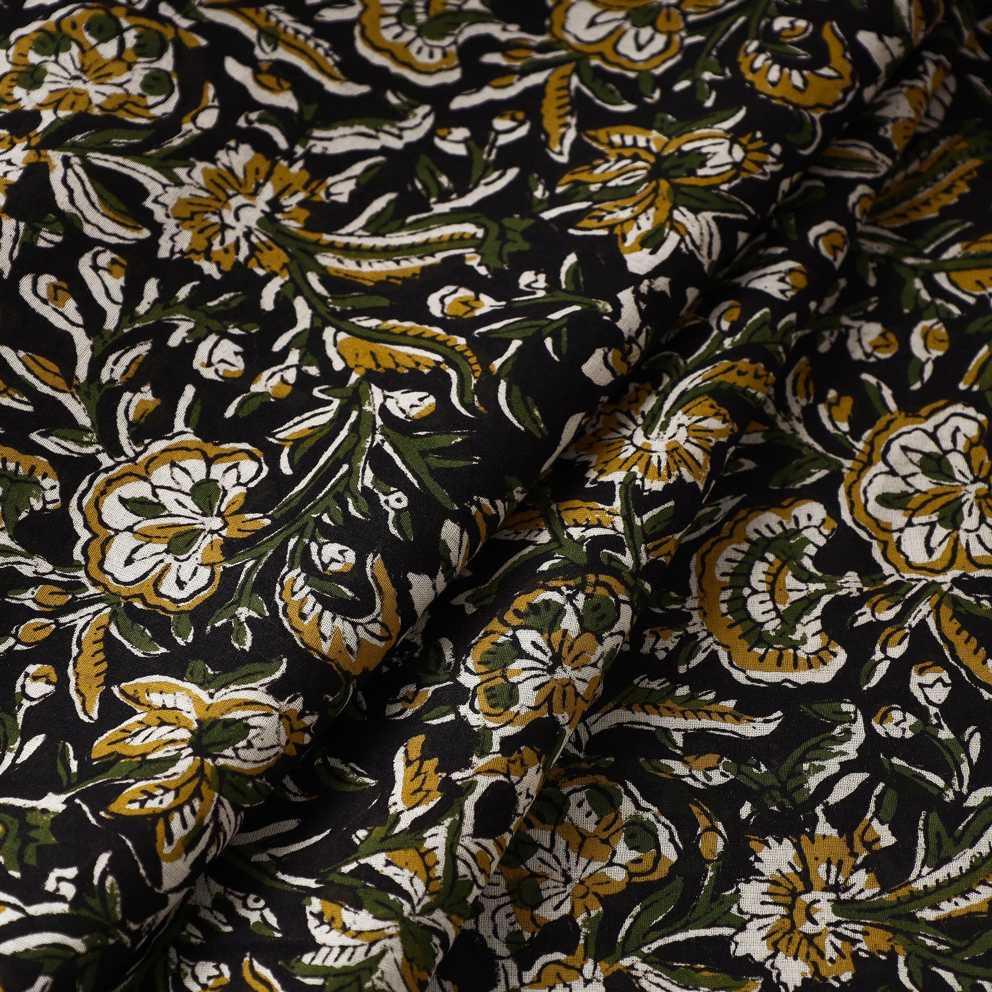 Black - Kalamkari Bagru Block Print Cotton Fabric
