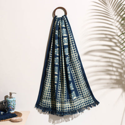 Blue - Bindaas Block Printed Handloom Cotton Towel