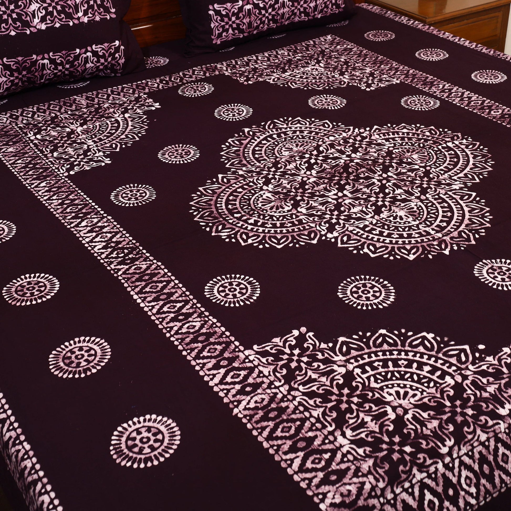 Brown - Cotton Double Hand Batik Print Bed Sheet Set 47