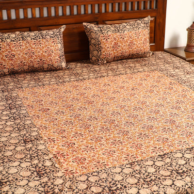Brown - Kalamkari Block Printed Patchwork Cotton Double Bed Cover With Pillow Covers (108 x 90 in)