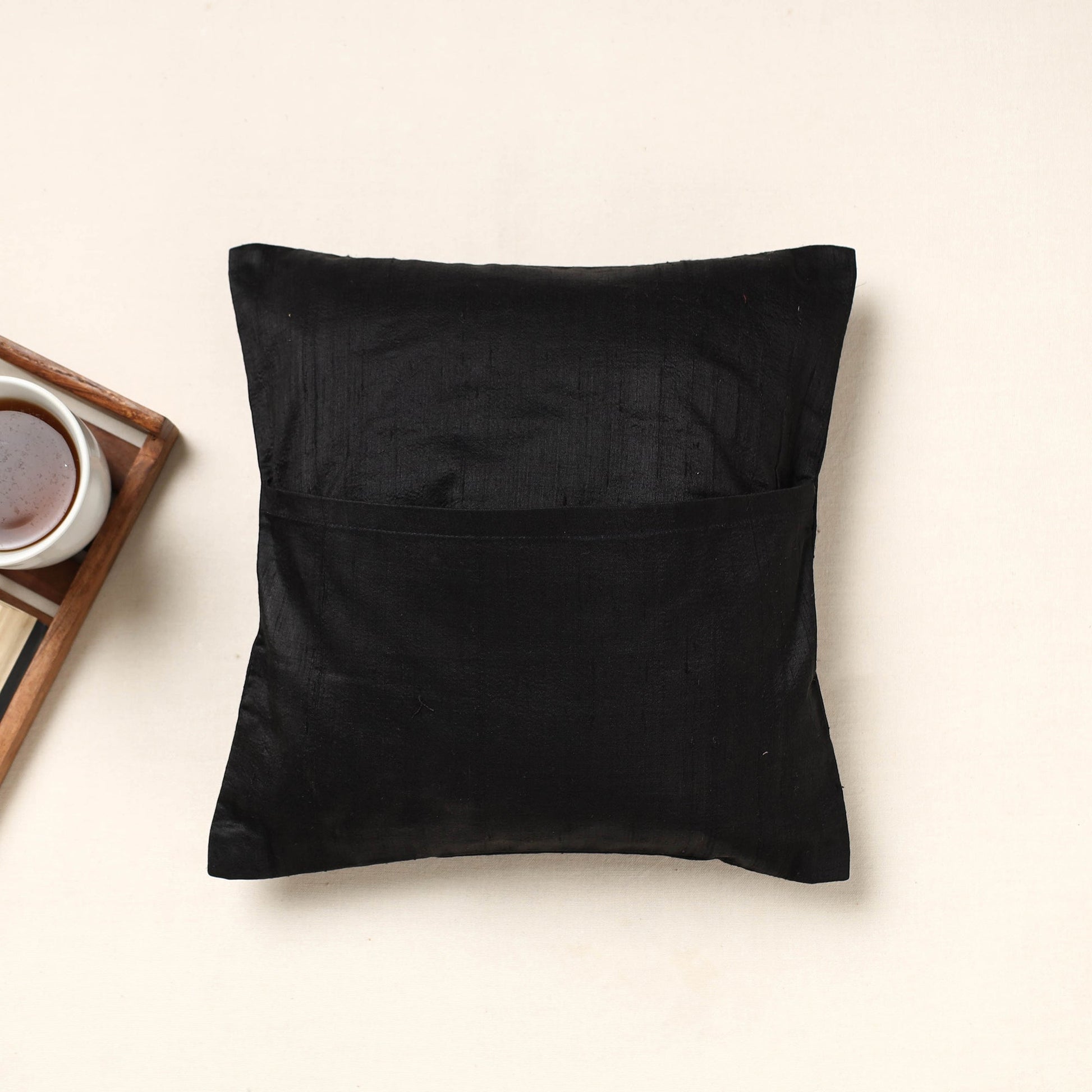 Black - Kutch Ahir Hand Embroidery Silk Cushion Cover (16 x 16 in)