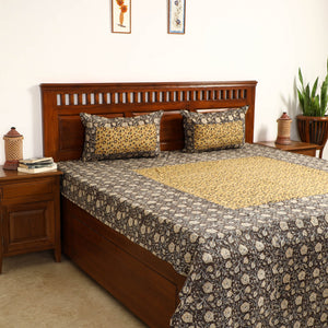 Black - Kalamkari Block Printed Patchwork Cotton Double Bed Cover With Pillow Covers (108 x 90 in)