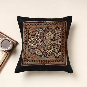 Black - Kutch Ahir Hand Embroidery Silk Cushion Cover (16 x 16 in)