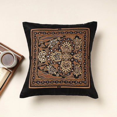 Black - Kutch Ahir Hand Embroidery Silk Cushion Cover (16 x 16 in)