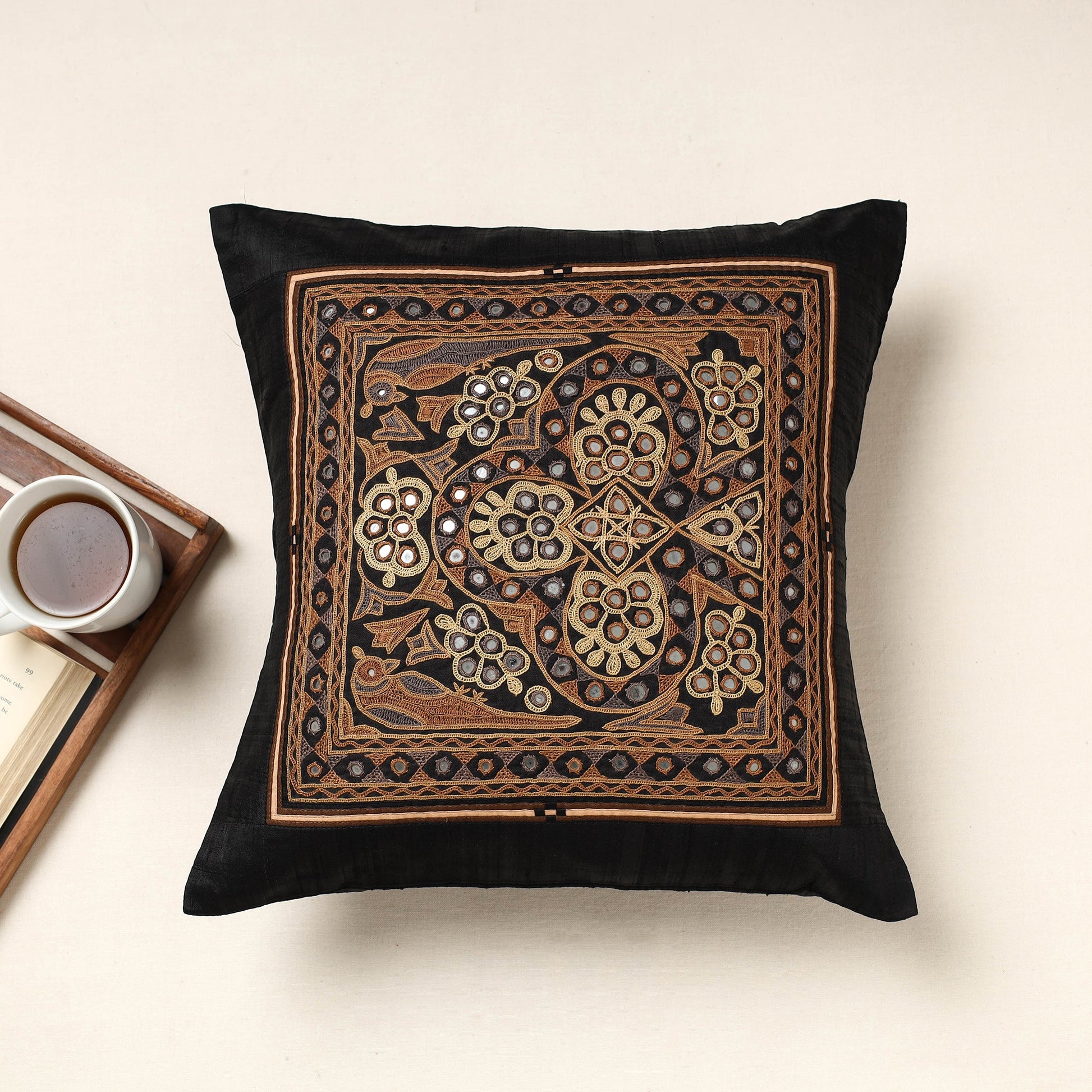 Black - Kutch Ahir Hand Embroidery Silk Cushion Cover (16 x 16 in)