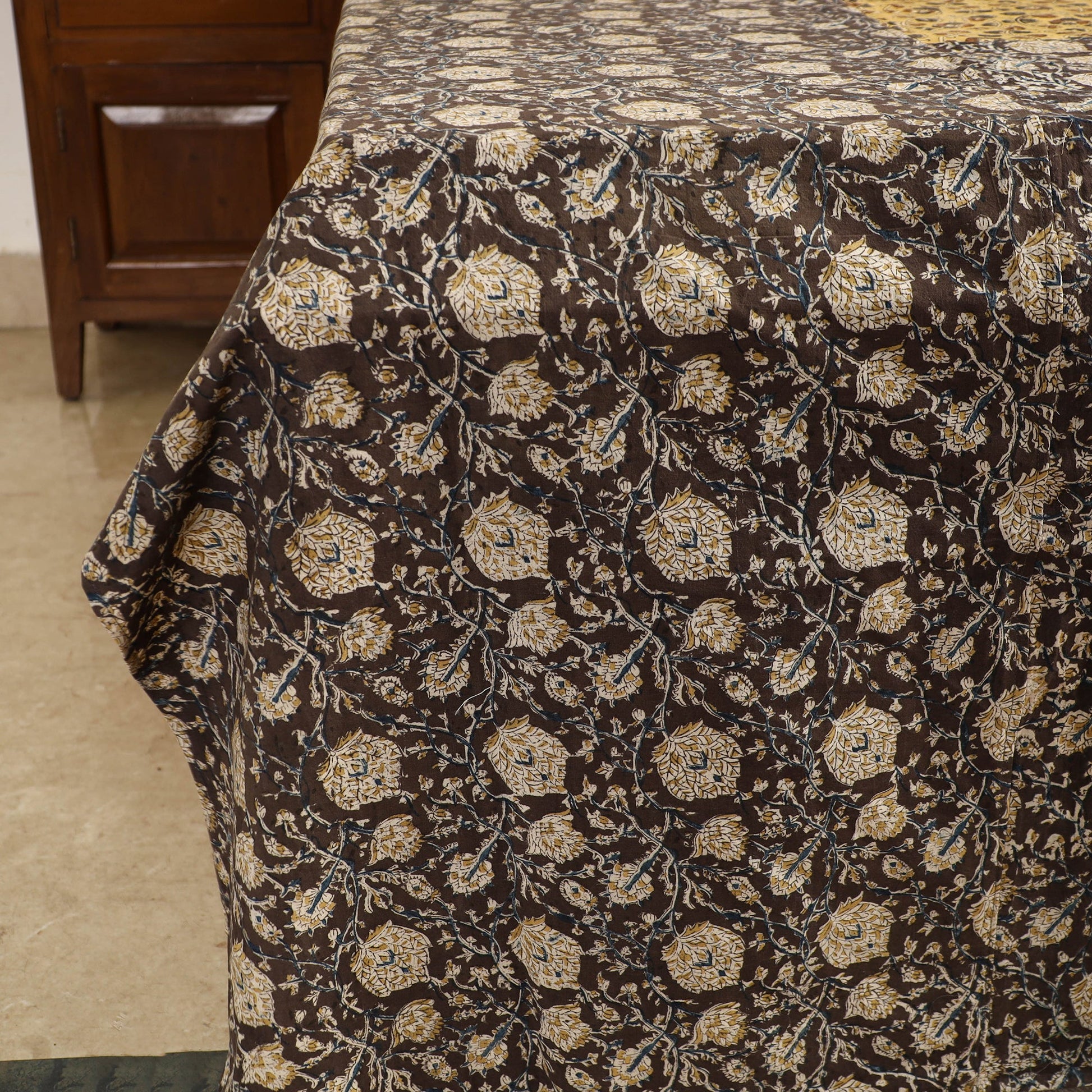 Black - Kalamkari Block Printed Patchwork Cotton Double Bed Cover With Pillow Covers (108 x 90 in)