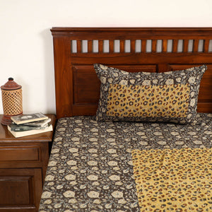 Black - Kalamkari Block Printed Patchwork Cotton Double Bed Cover With Pillow Covers (108 x 90 in)