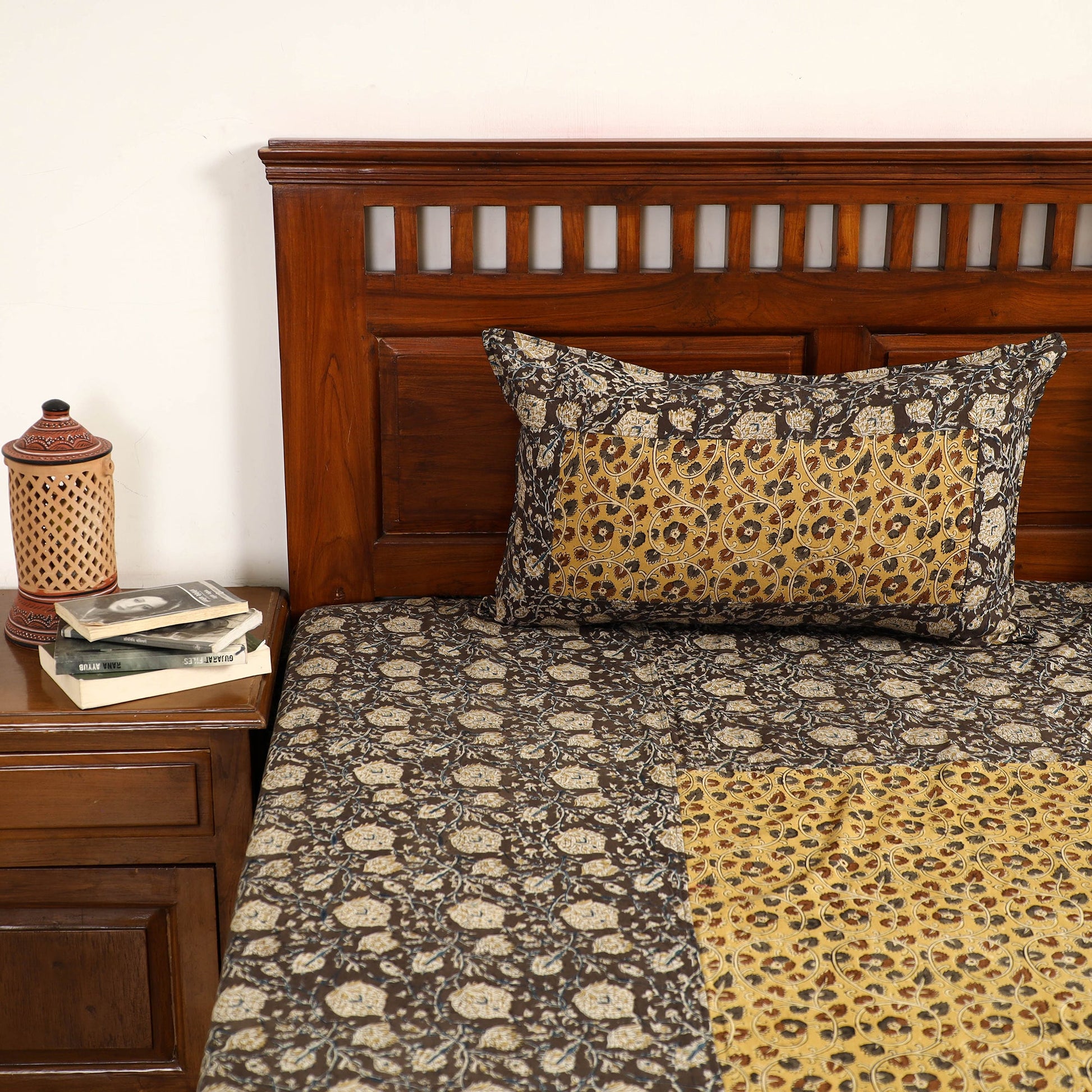 Black - Kalamkari Block Printed Patchwork Cotton Double Bed Cover With Pillow Covers (108 x 90 in)