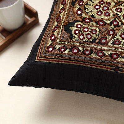 Black - Kutch Ahir Hand Embroidery Silk Cushion Cover (16 x 16 in)