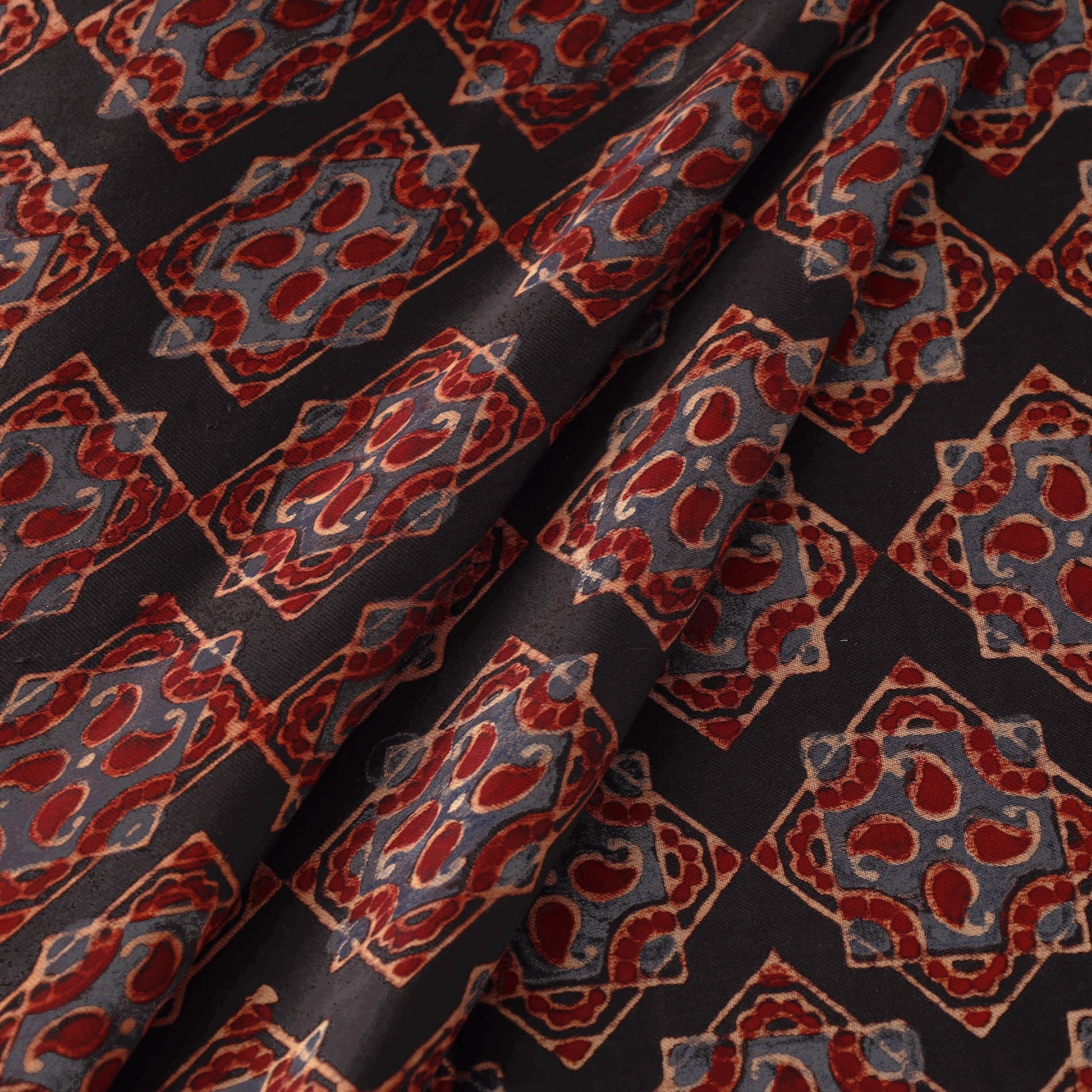 Black - Hand Block Printed Modal Silk Ajrakh Fabric 07