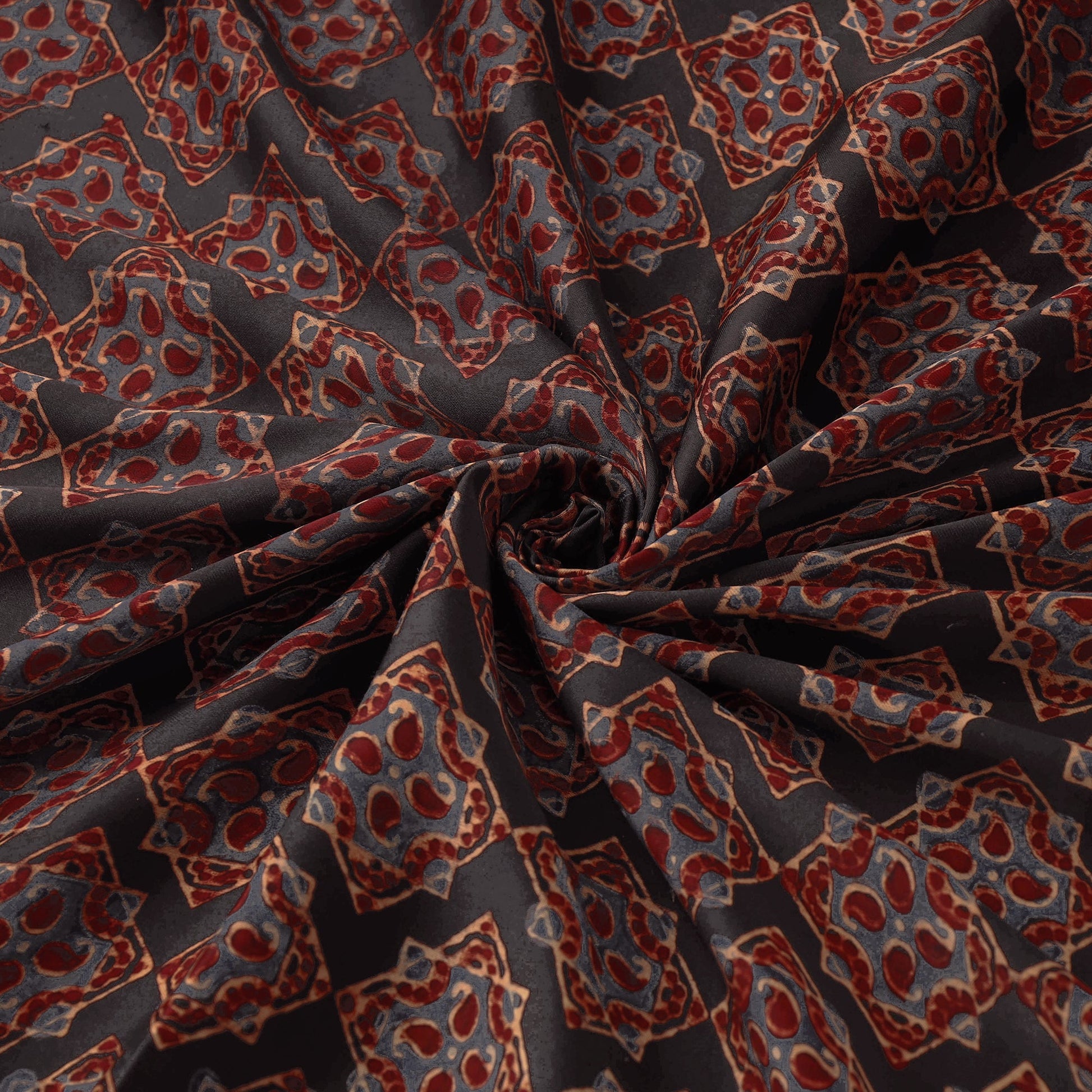 Black - Hand Block Printed Modal Silk Ajrakh Fabric 07