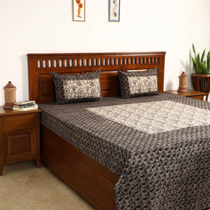 Black - Kalamkari Block Printed Patchwork Cotton Double Bed Cover With Pillow Covers (108 x 90 in)