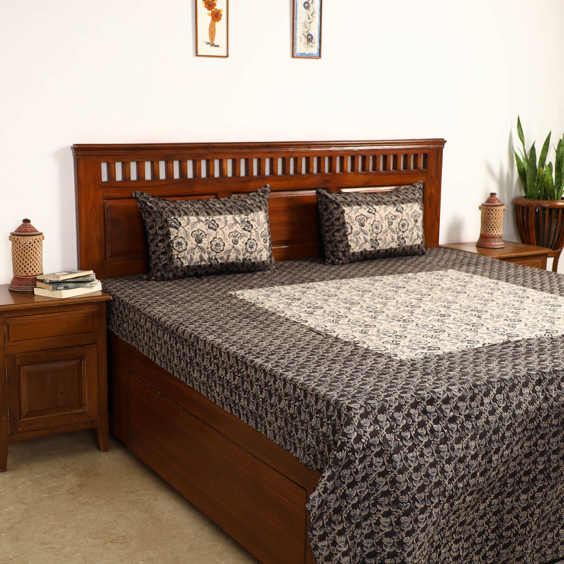 Black - Kalamkari Block Printed Patchwork Cotton Double Bed Cover With Pillow Covers (108 x 90 in)