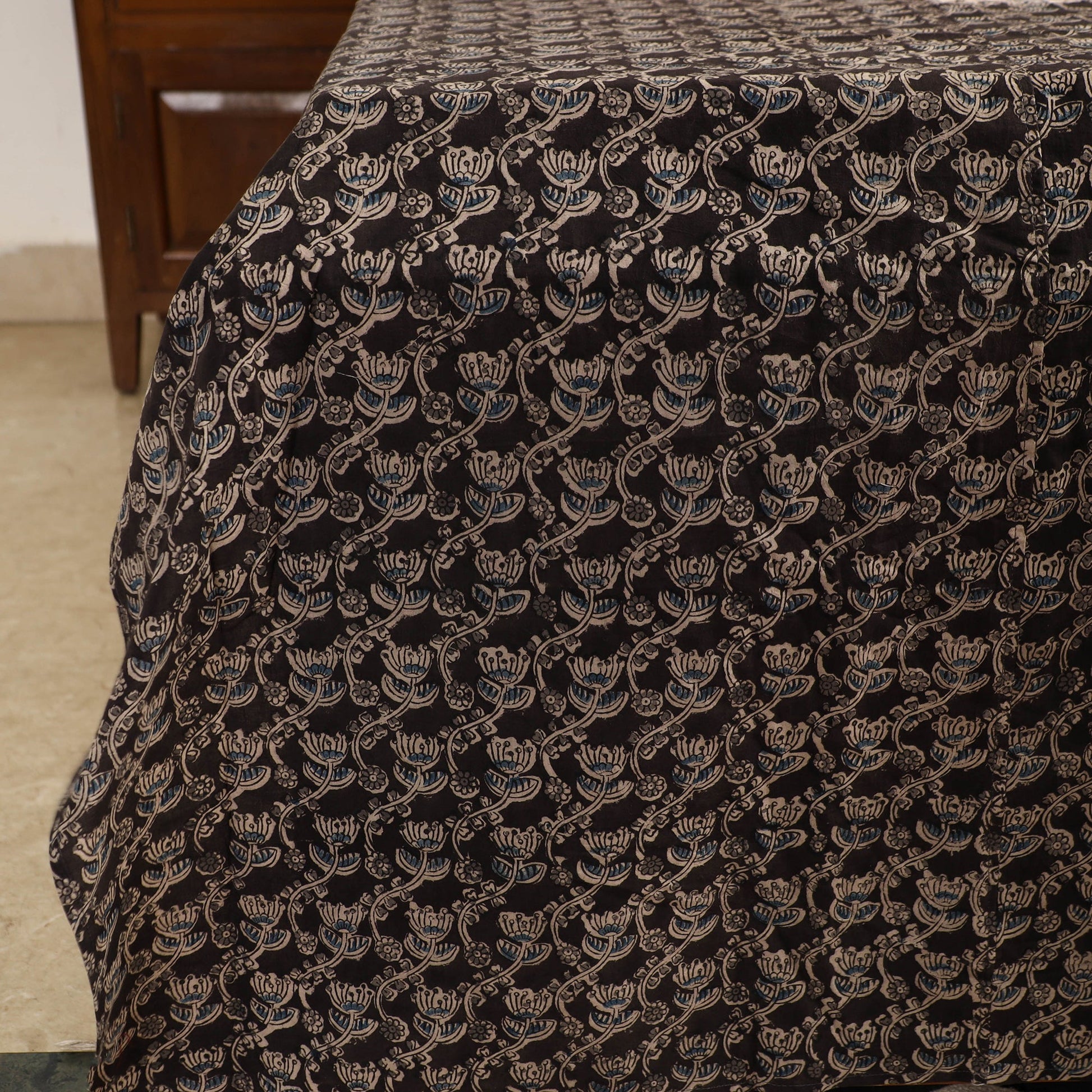 Black - Kalamkari Block Printed Patchwork Cotton Double Bed Cover With Pillow Covers (108 x 90 in)