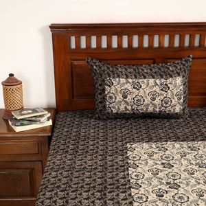 Black - Kalamkari Block Printed Patchwork Cotton Double Bed Cover With Pillow Covers (108 x 90 in)