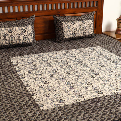 Black - Kalamkari Block Printed Patchwork Cotton Double Bed Cover With Pillow Covers (108 x 90 in)