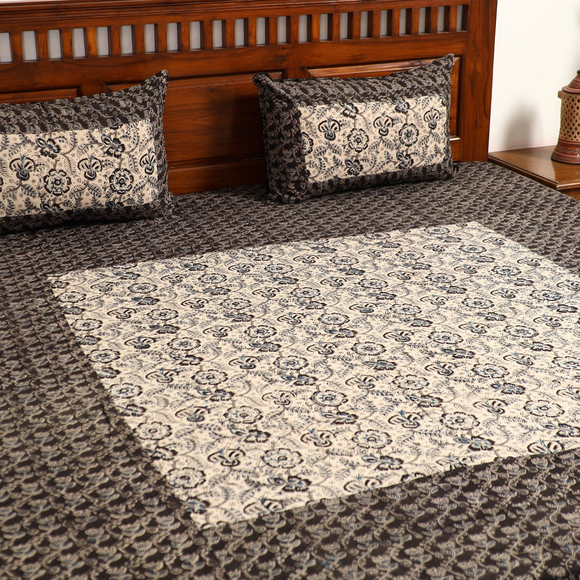 Black - Kalamkari Block Printed Patchwork Cotton Double Bed Cover With Pillow Covers (108 x 90 in)