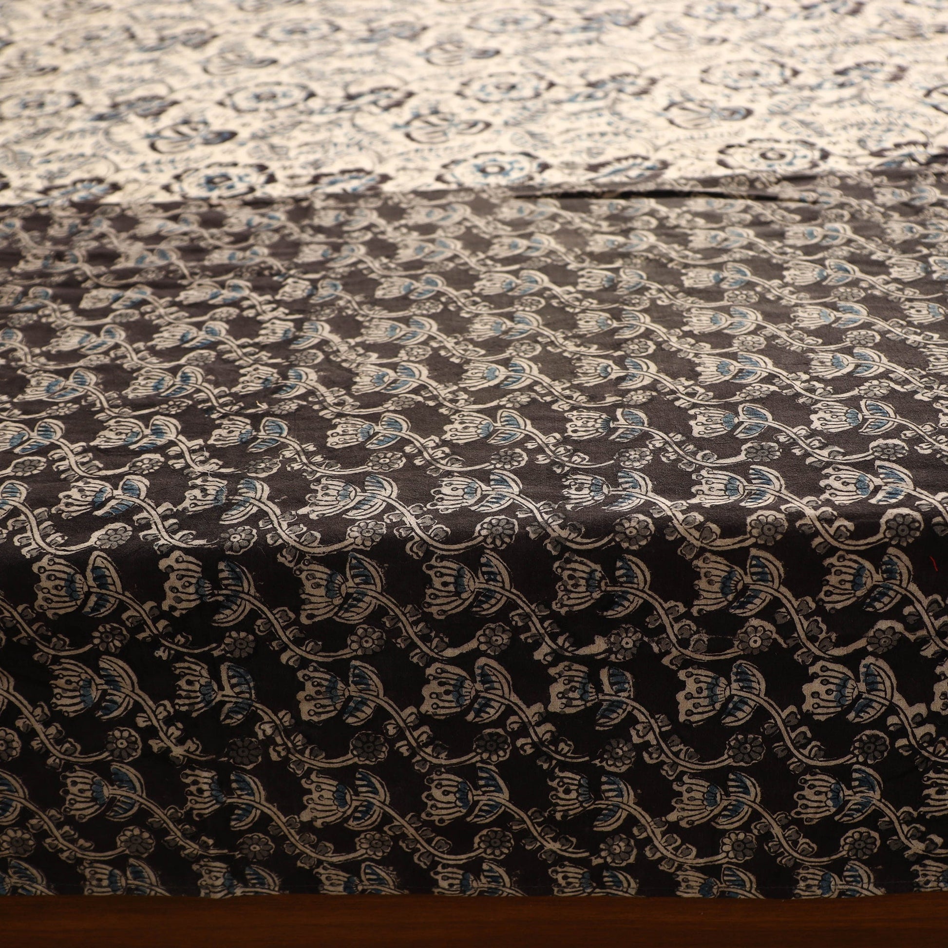 Black - Kalamkari Block Printed Patchwork Cotton Double Bed Cover With Pillow Covers (108 x 90 in)