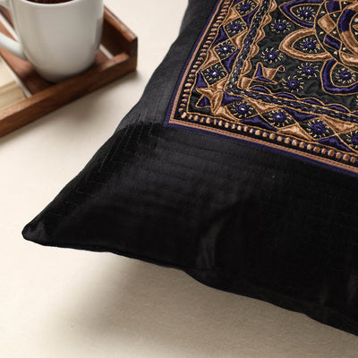 Black - Kutch Pakko Bherni Hand Embroidery Mashru Silk Cushion Cover (16 x 16 in)