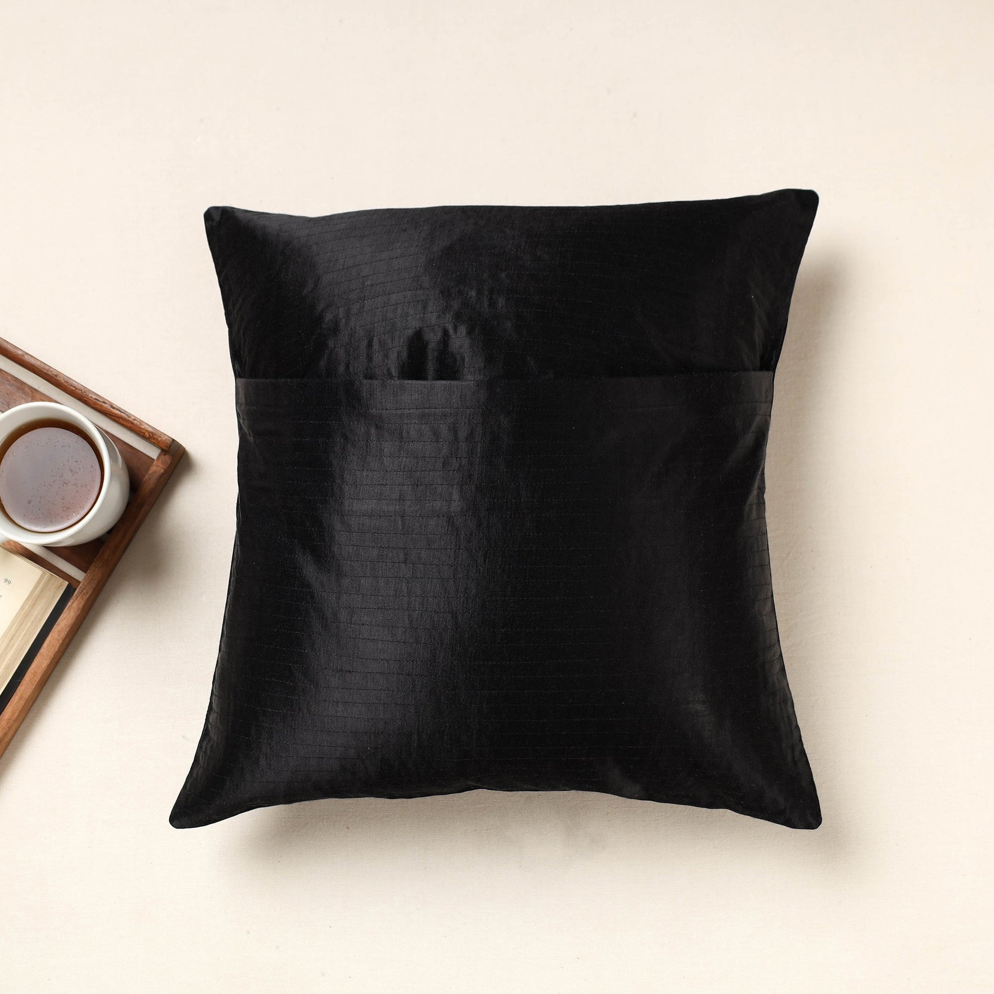 Black - Kutch Neran Hand Embroidery Mashru Silk Cushion Cover (16 x 16 in)