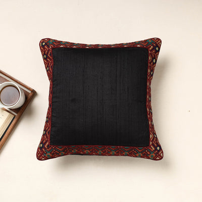 Black - Kutch Jat Hand Embroidery Border Silk Cushion Cover (16 x 16 in)