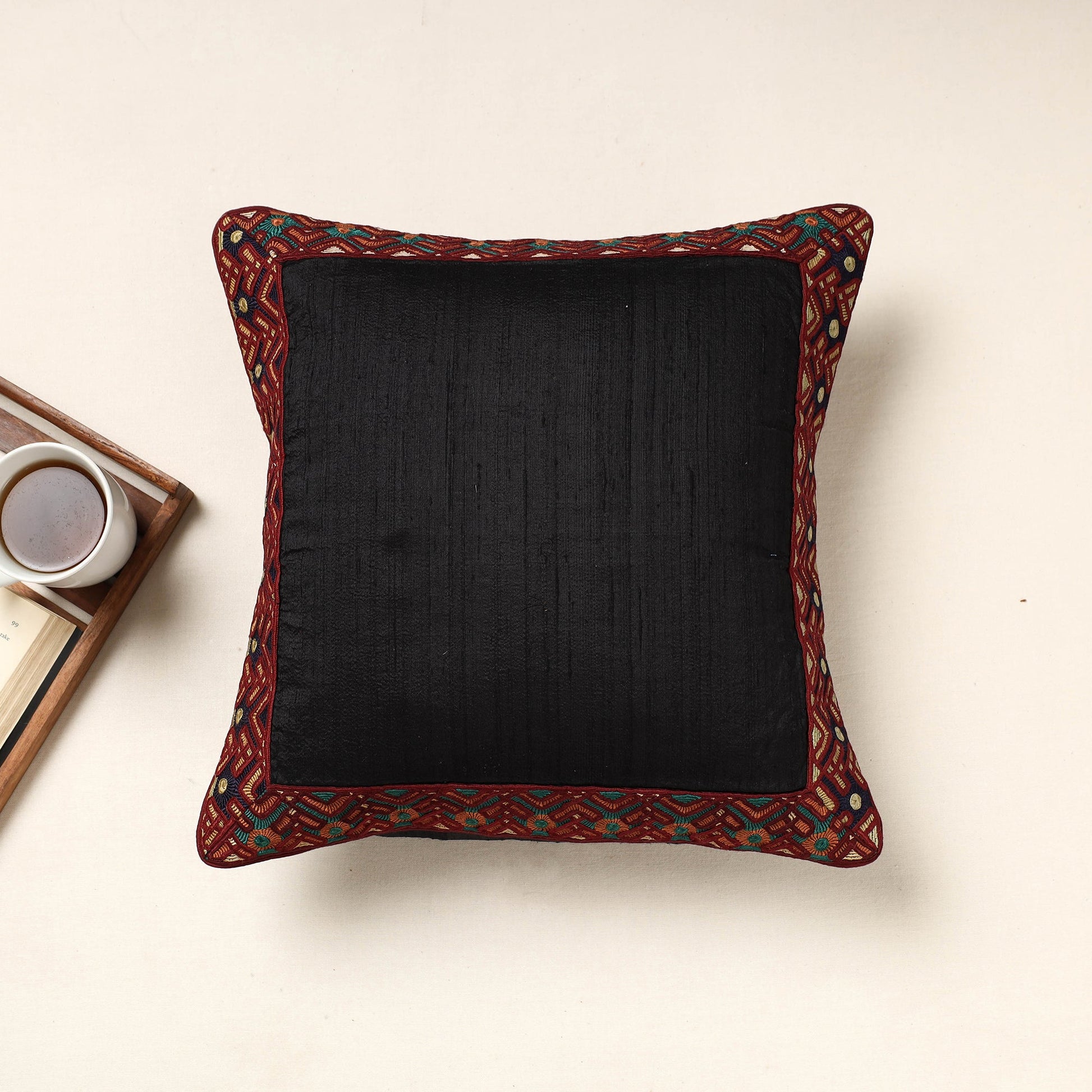 Black - Kutch Jat Hand Embroidery Border Silk Cushion Cover (16 x 16 in)