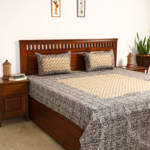 Black - Kalamkari Block Printed Patchwork Cotton Double Bed Cover With Pillow Covers (108 x 90 in)