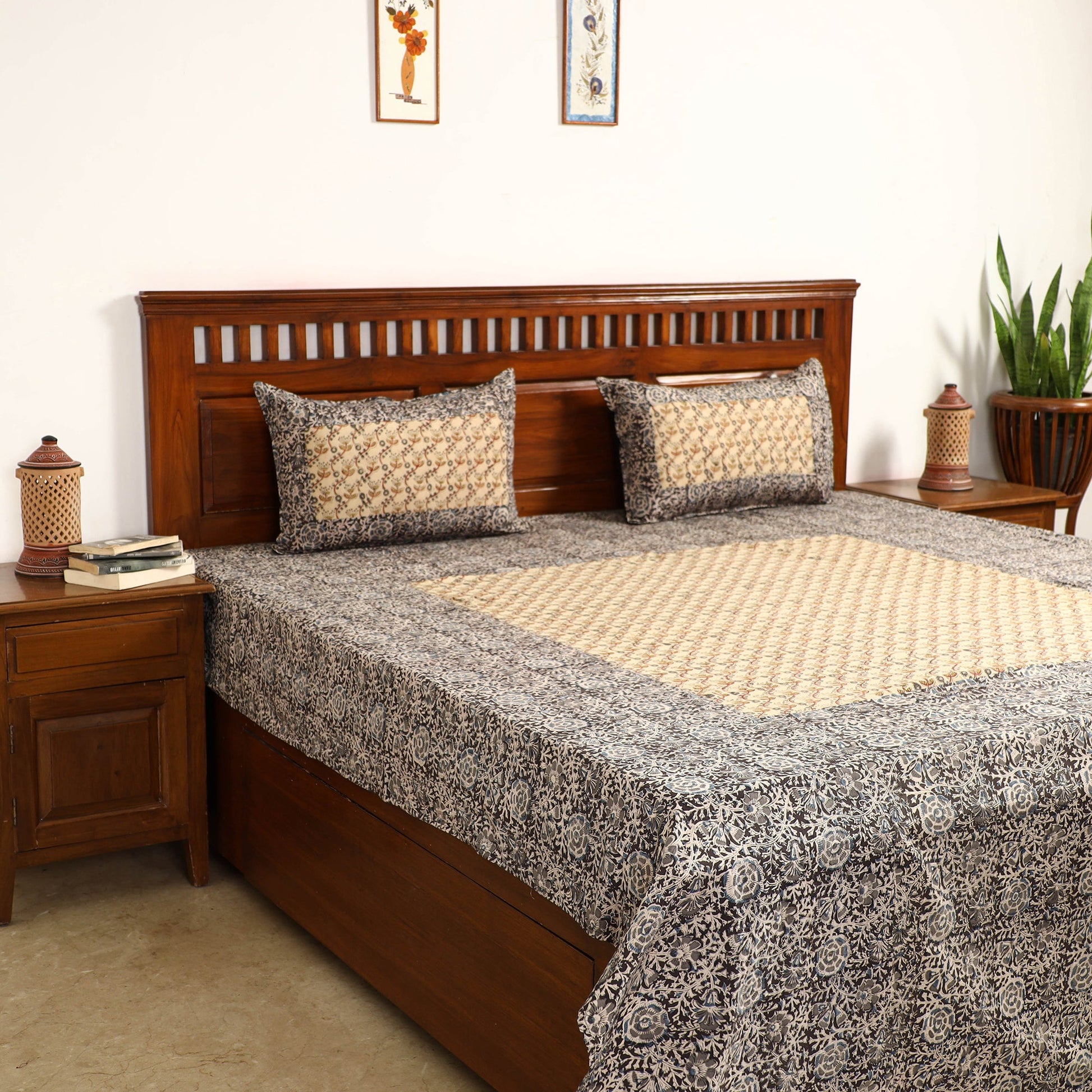 Black - Kalamkari Block Printed Patchwork Cotton Double Bed Cover With Pillow Covers (108 x 90 in)