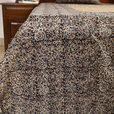 Black - Kalamkari Block Printed Patchwork Cotton Double Bed Cover With Pillow Covers (108 x 90 in)