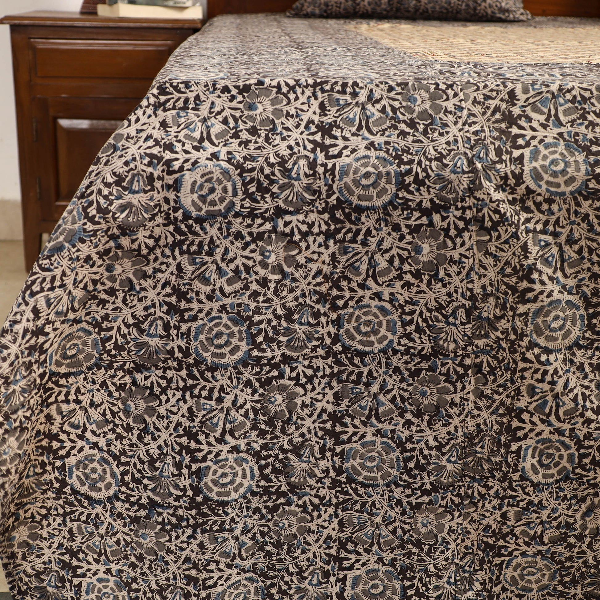 Black - Kalamkari Block Printed Patchwork Cotton Double Bed Cover With Pillow Covers (108 x 90 in)