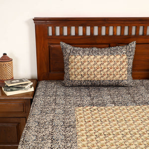 Black - Kalamkari Block Printed Patchwork Cotton Double Bed Cover With Pillow Covers (108 x 90 in)
