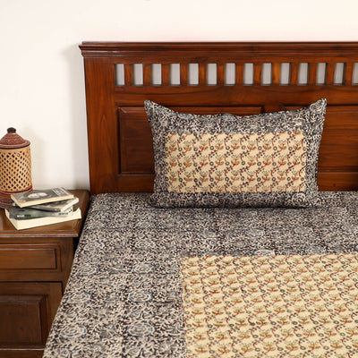 Black - Kalamkari Block Printed Patchwork Cotton Double Bed Cover With Pillow Covers (108 x 90 in)