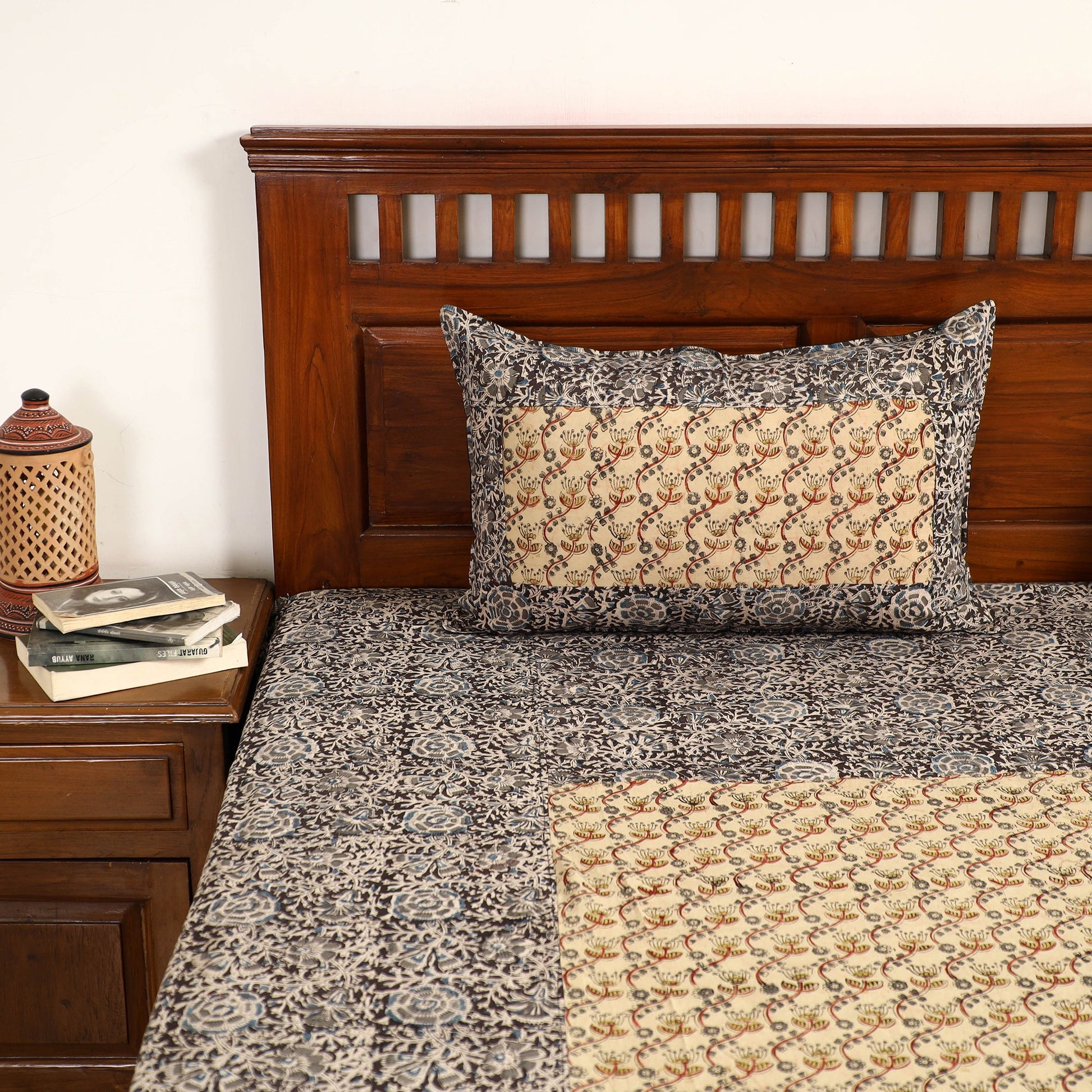 Black - Kalamkari Block Printed Patchwork Cotton Double Bed Cover With Pillow Covers (108 x 90 in)