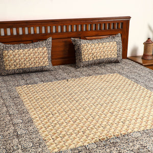 Black - Kalamkari Block Printed Patchwork Cotton Double Bed Cover With Pillow Covers (108 x 90 in)