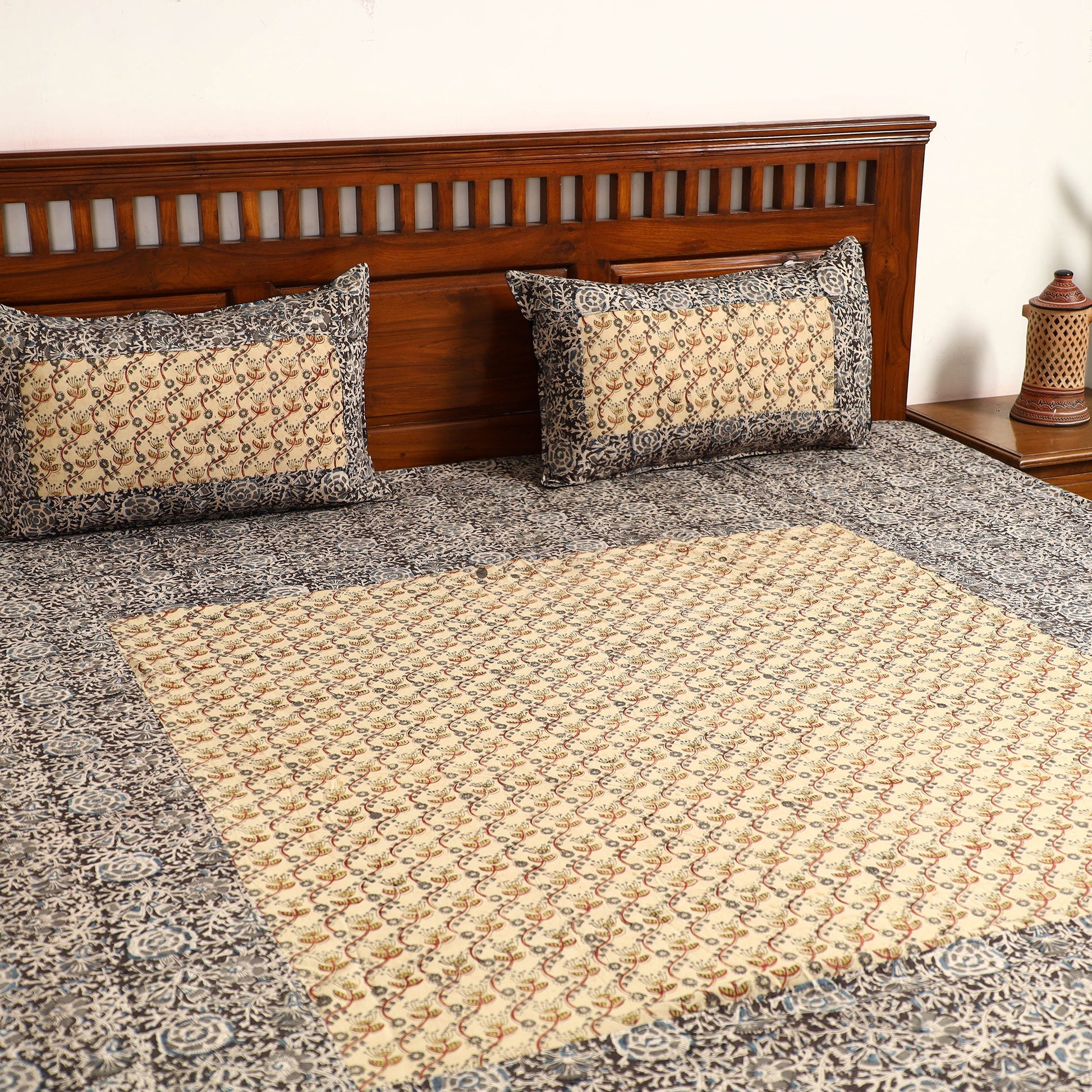 Black - Kalamkari Block Printed Patchwork Cotton Double Bed Cover With Pillow Covers (108 x 90 in)