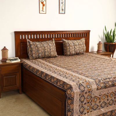Brown - Kalamkari Block Printed Cotton Double Bed Cover with Pillow Covers (108 x 90 in)