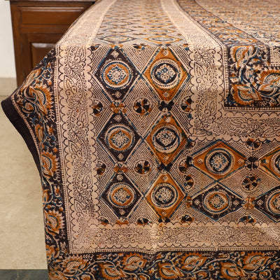 Brown - Kalamkari Block Printed Cotton Double Bed Cover with Pillow Covers (108 x 90 in)