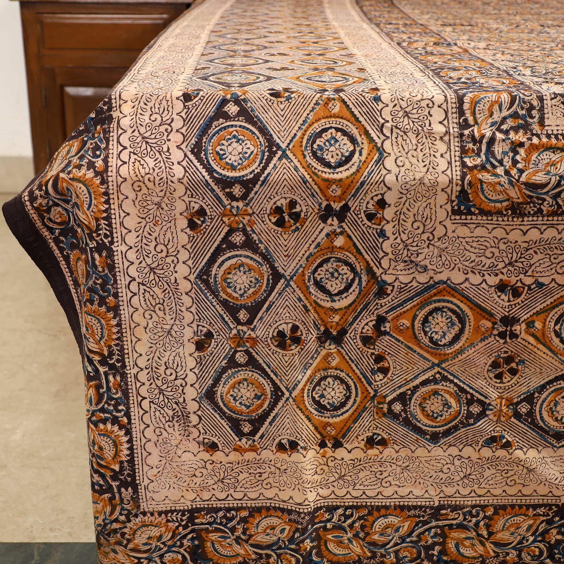 Brown - Kalamkari Block Printed Cotton Double Bed Cover with Pillow Covers (108 x 90 in)