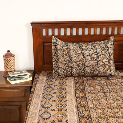 Brown - Kalamkari Block Printed Cotton Double Bed Cover with Pillow Covers (108 x 90 in)