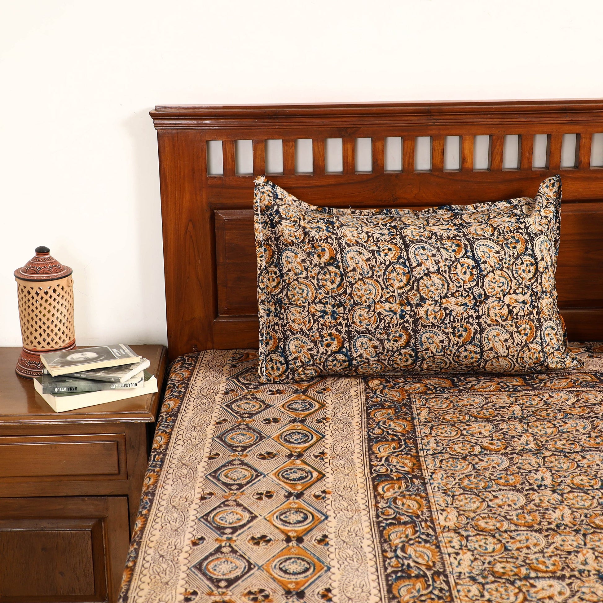 Brown - Kalamkari Block Printed Cotton Double Bed Cover with Pillow Covers (108 x 90 in)